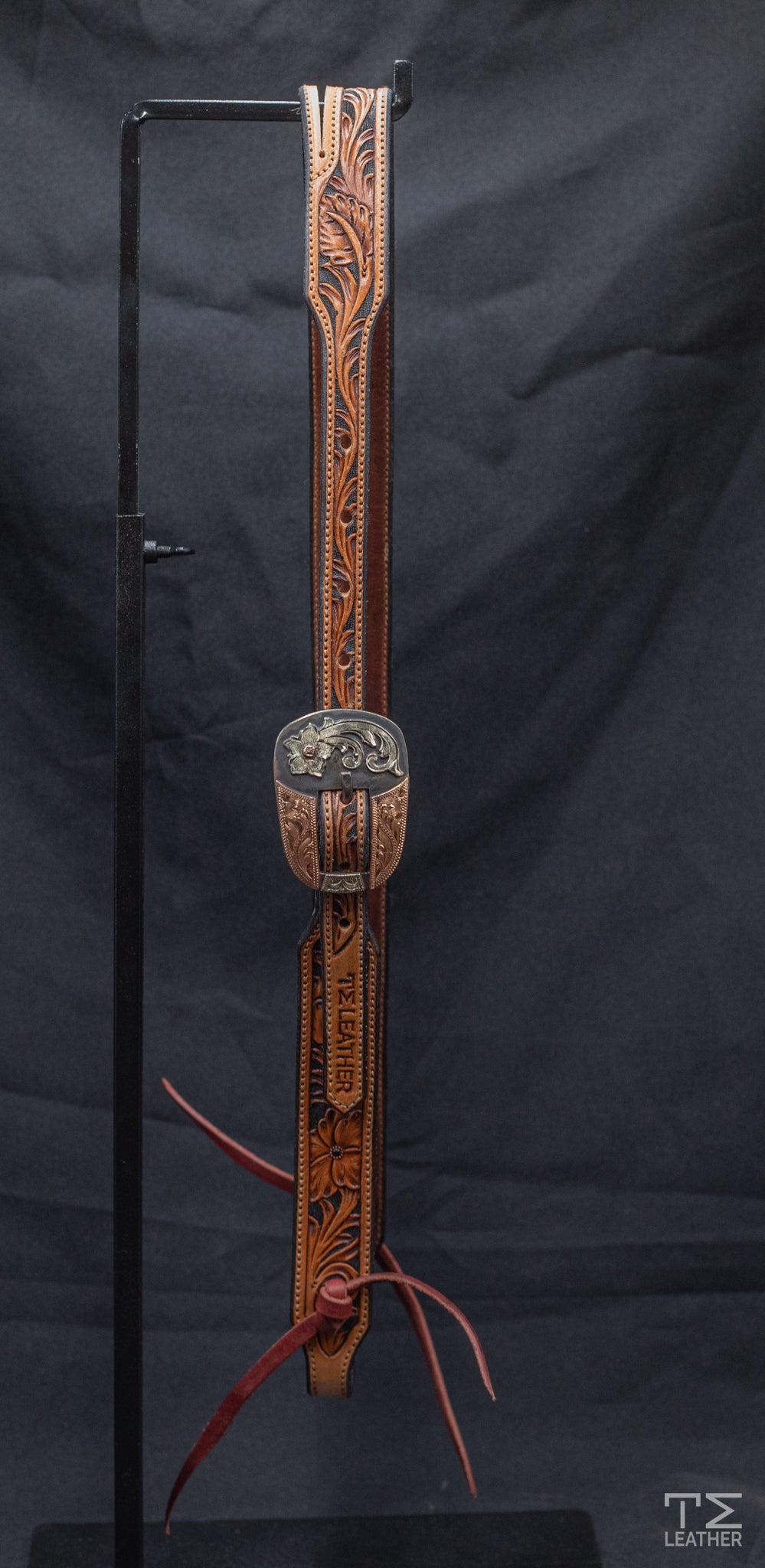 Slit Ear Saddle Tan & Black Floral w/ Rounded Square Mixed Metal Hardware w/ Copper Accents