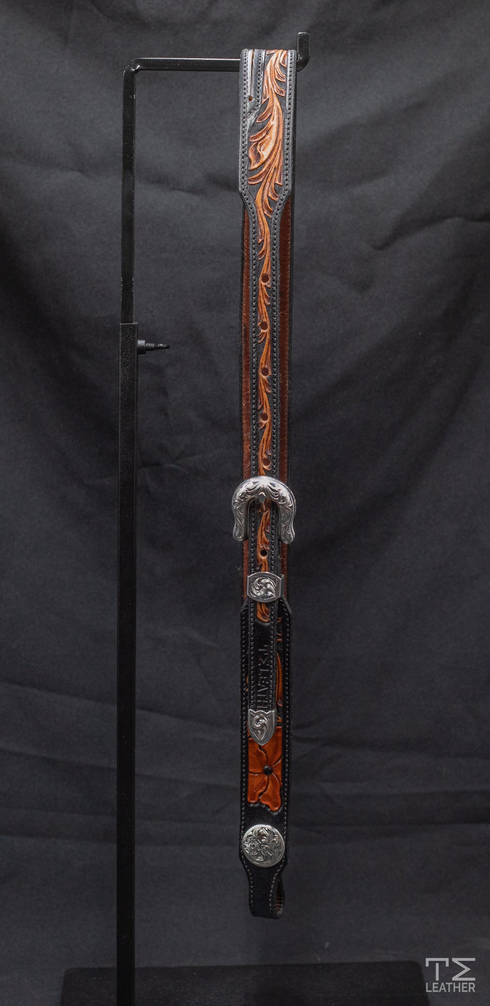 Slit Ear Black & Light Brown Floral w/ Saddle Tan Accents & Engraved Silver Plated Hardware