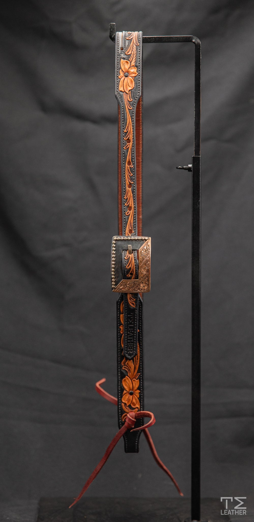 Slit Ear Black & Light Brown Floral w/ Steel Square Buckle w/ Copper & Dot Accents