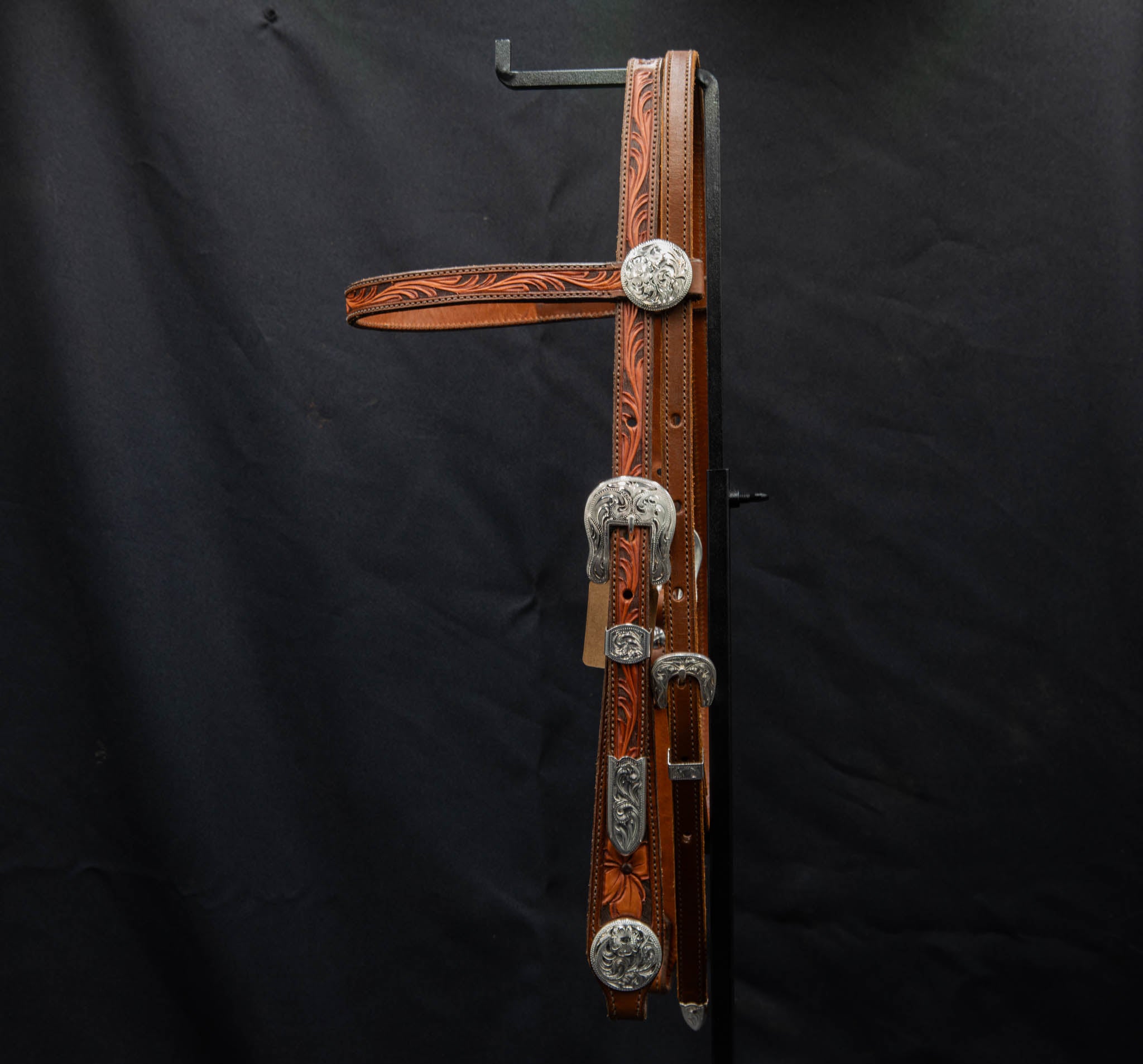 Browband Brown & Chocolate Floral w/ Silver Buckles and Conchos