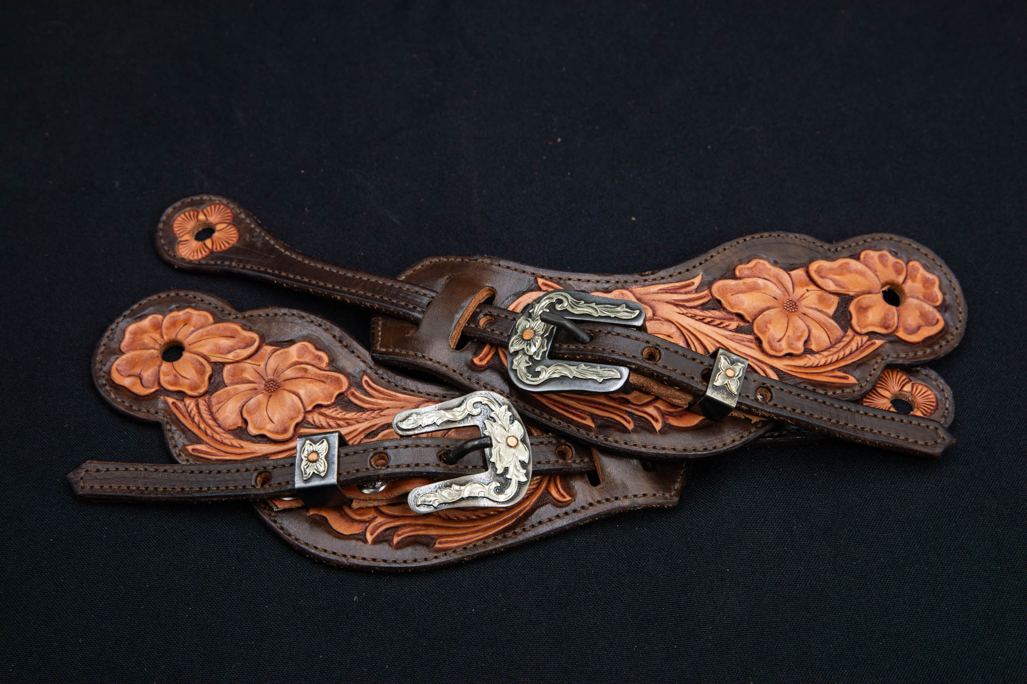 Chocolate & Light Brown Large Floral Spur Straps w/ New Mexico Buckles