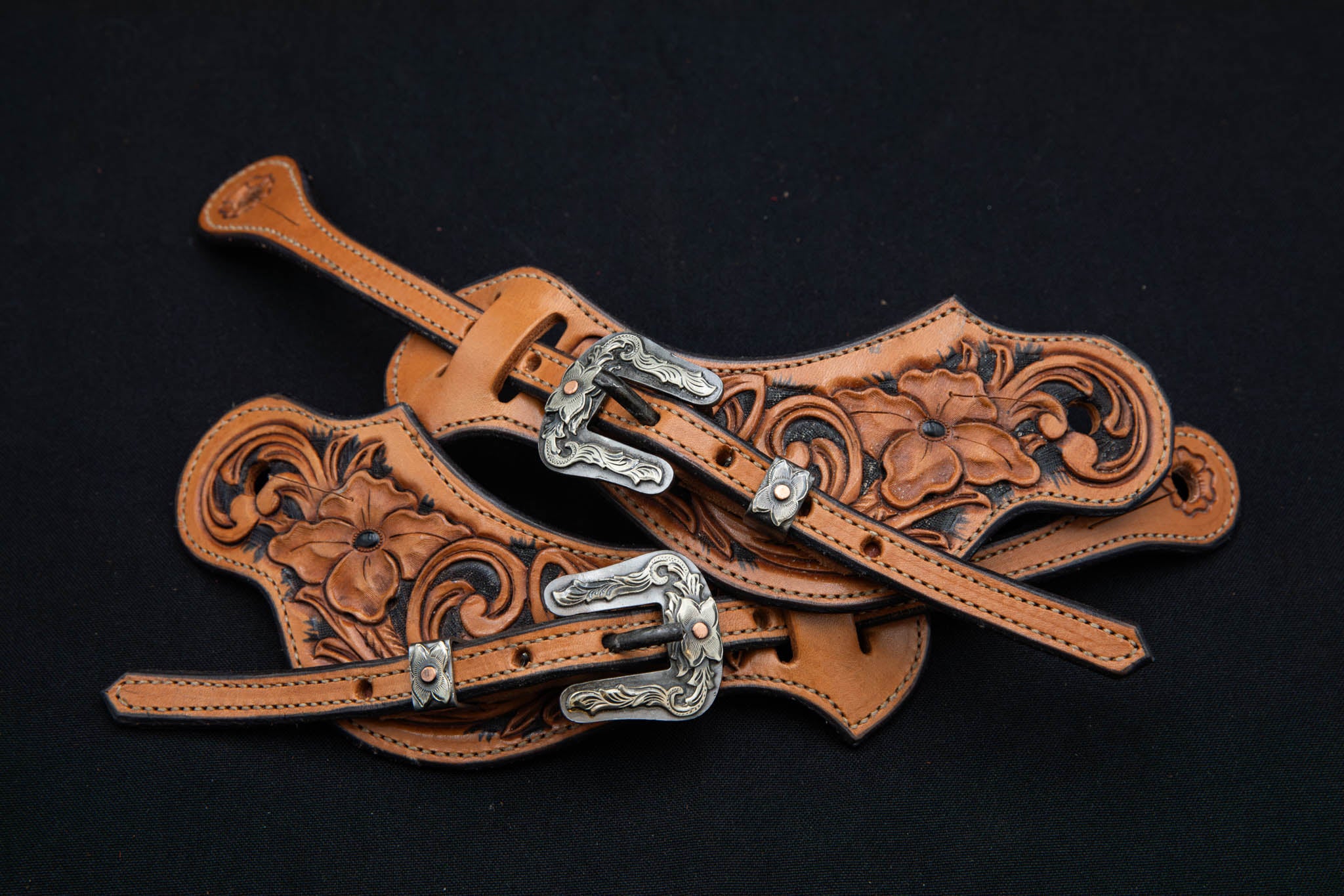 Light Brown & Black Medium Floral Spur Straps w/ New Mexico Buckles