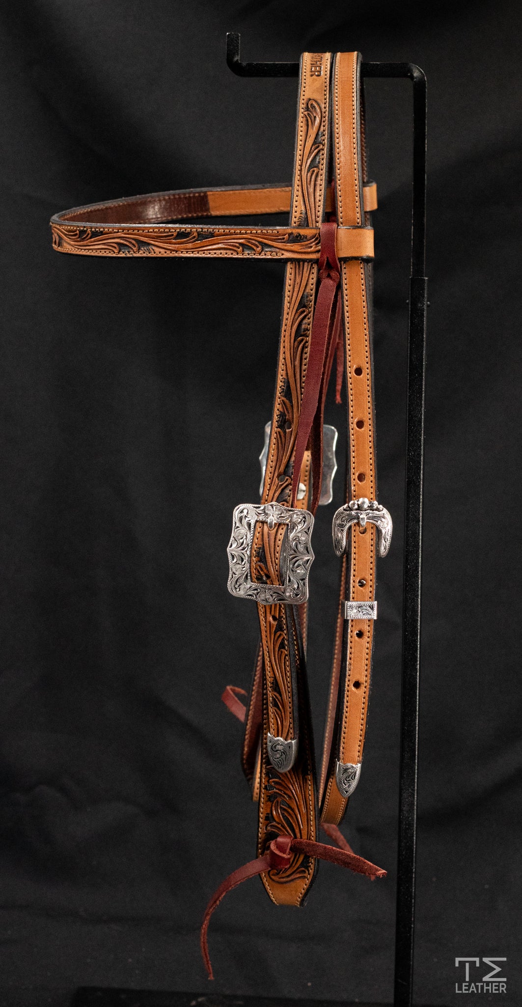Browband Light Saddle Tan & Black Floral w/ Engraved Silver Plated Antiqued Hardware