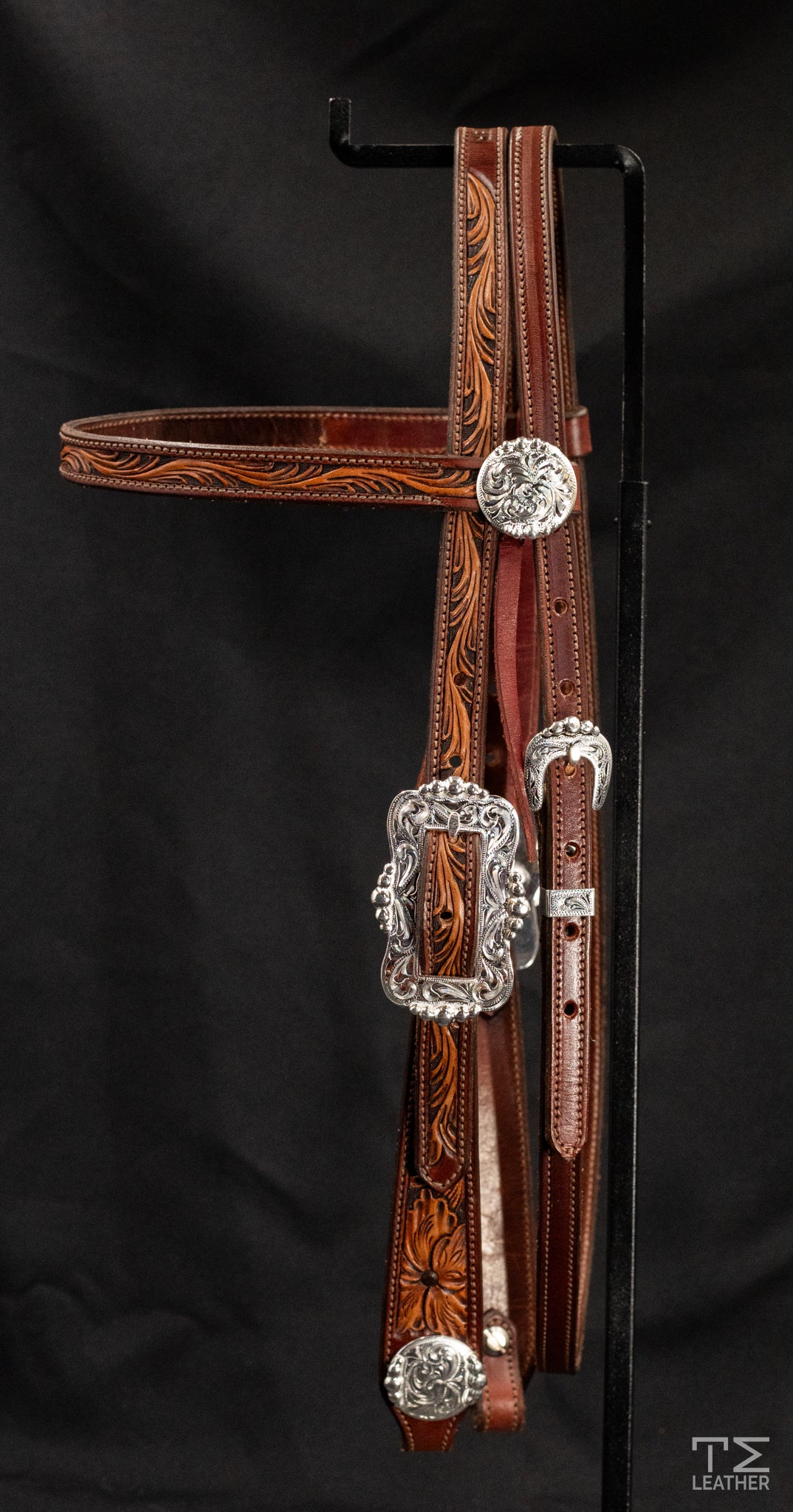 Browband Mahogany & Light Brown Floral w/ Engraved Silver Plated Hardware & Matching Conchos