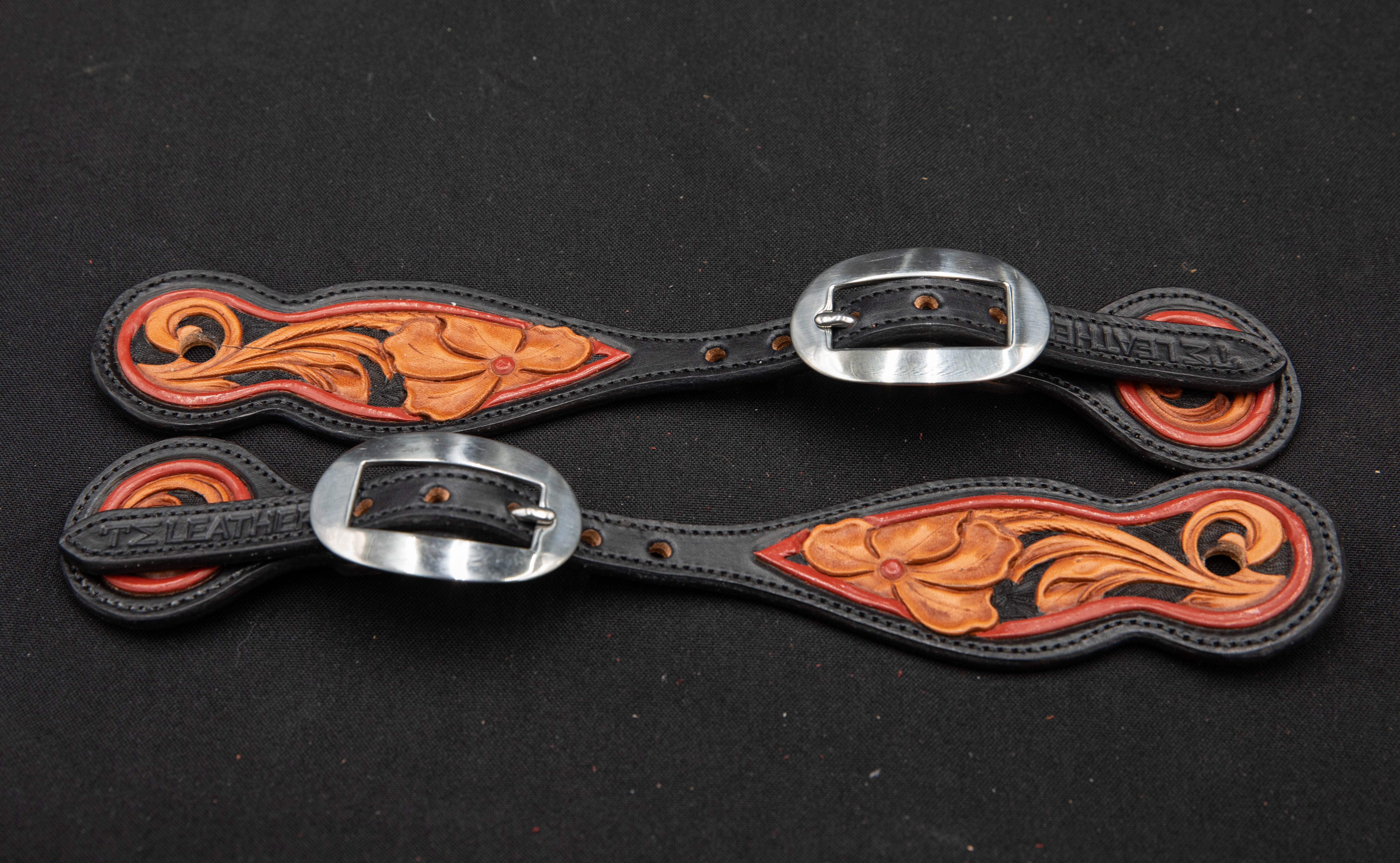 Black & Light Brown w/ Terracotta Accents Floral Spur Straps w/ Plain Buckles