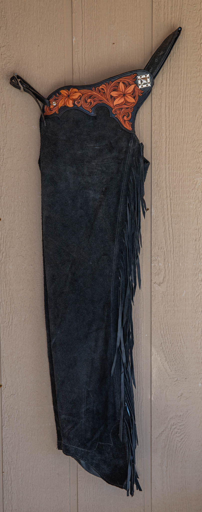 Black Roughout Chaps w/ Black & Light Brown Floral Yokes