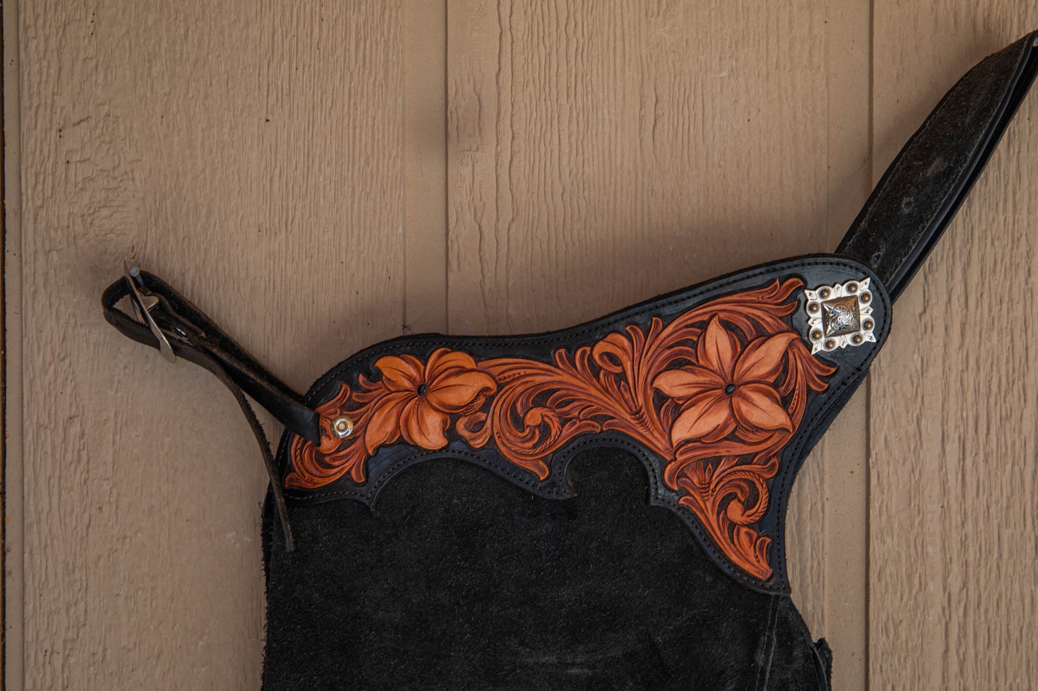 Black Roughout Chaps w/ Black & Light Brown Floral Yokes