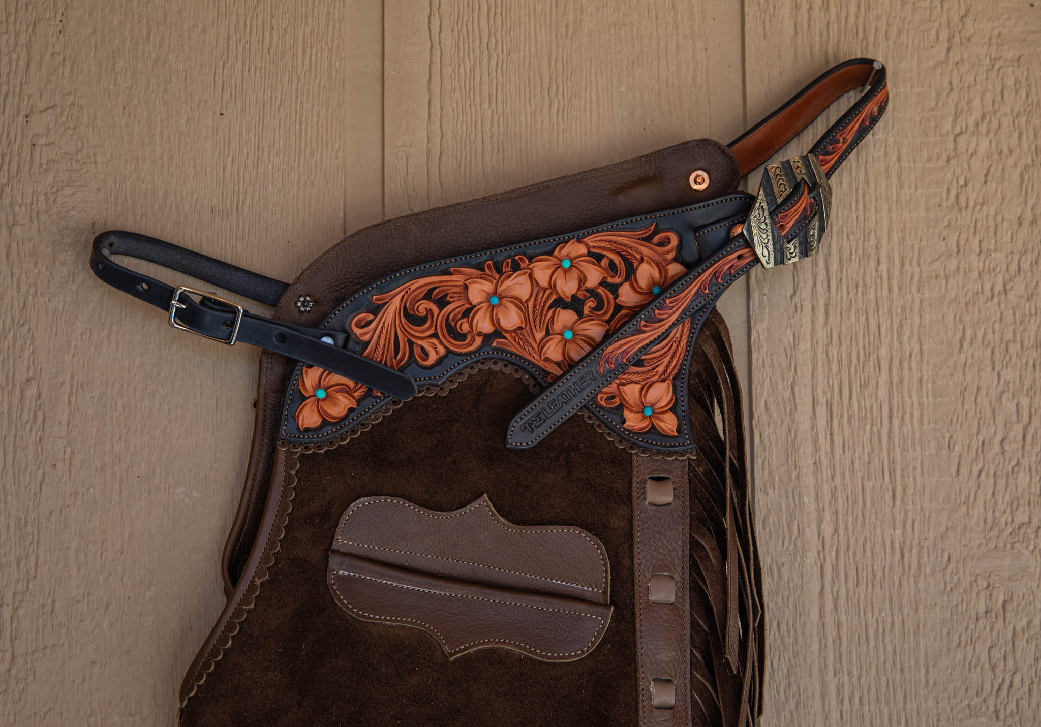 Taupe Roughout Chaps w/ Black & Light Brown w/ Teal Accents Floral Yokes and Pocket