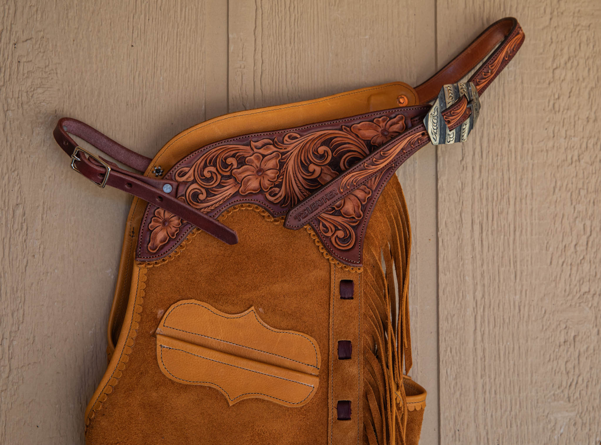 Champagne Roughout Chaps w/ Mahogany & Light Brown Floral Yokes and Pocket