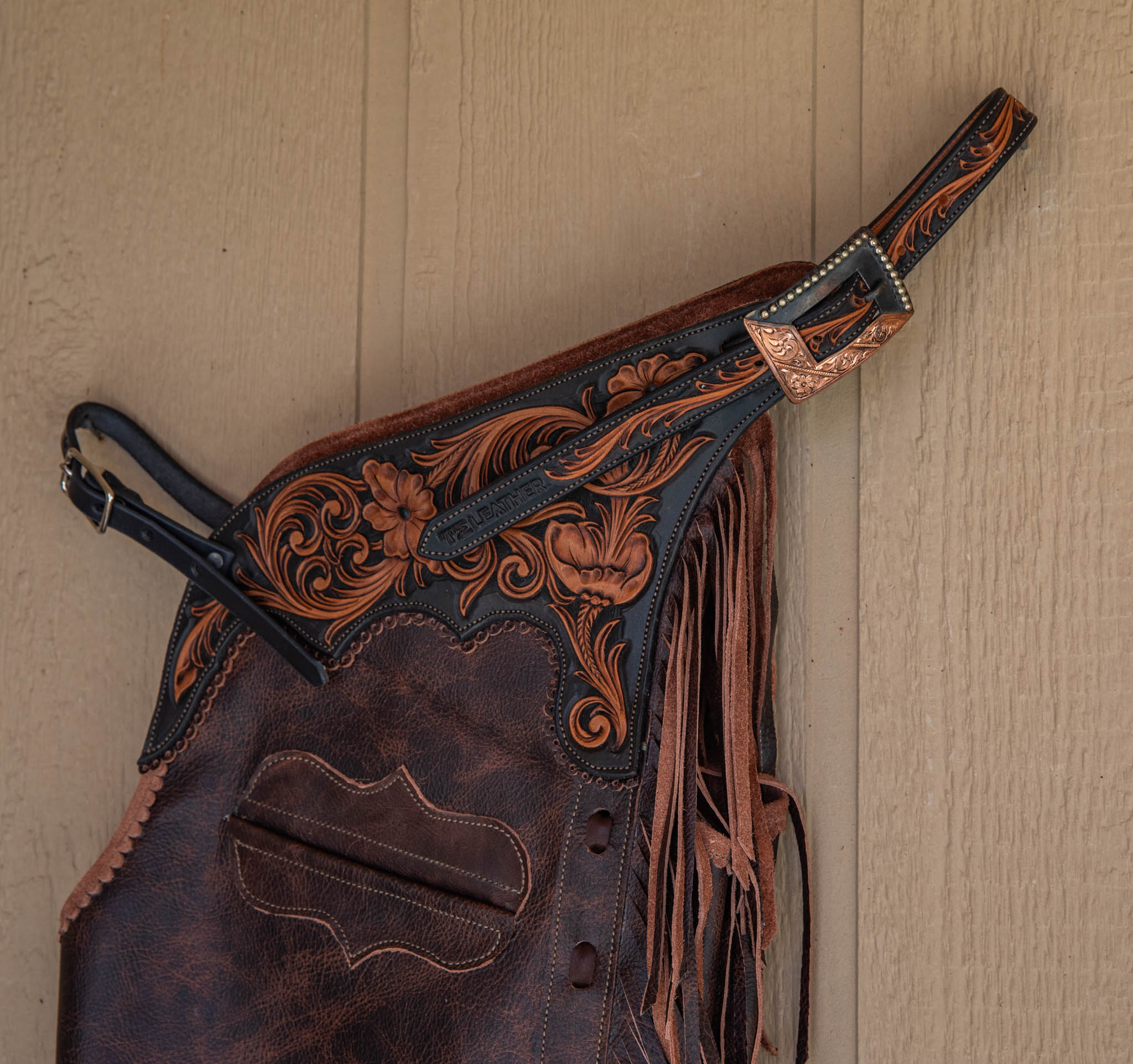 Dark Brown Smooth-out Chaps w/ Black & Light Brown Floral Yokes and Pocket