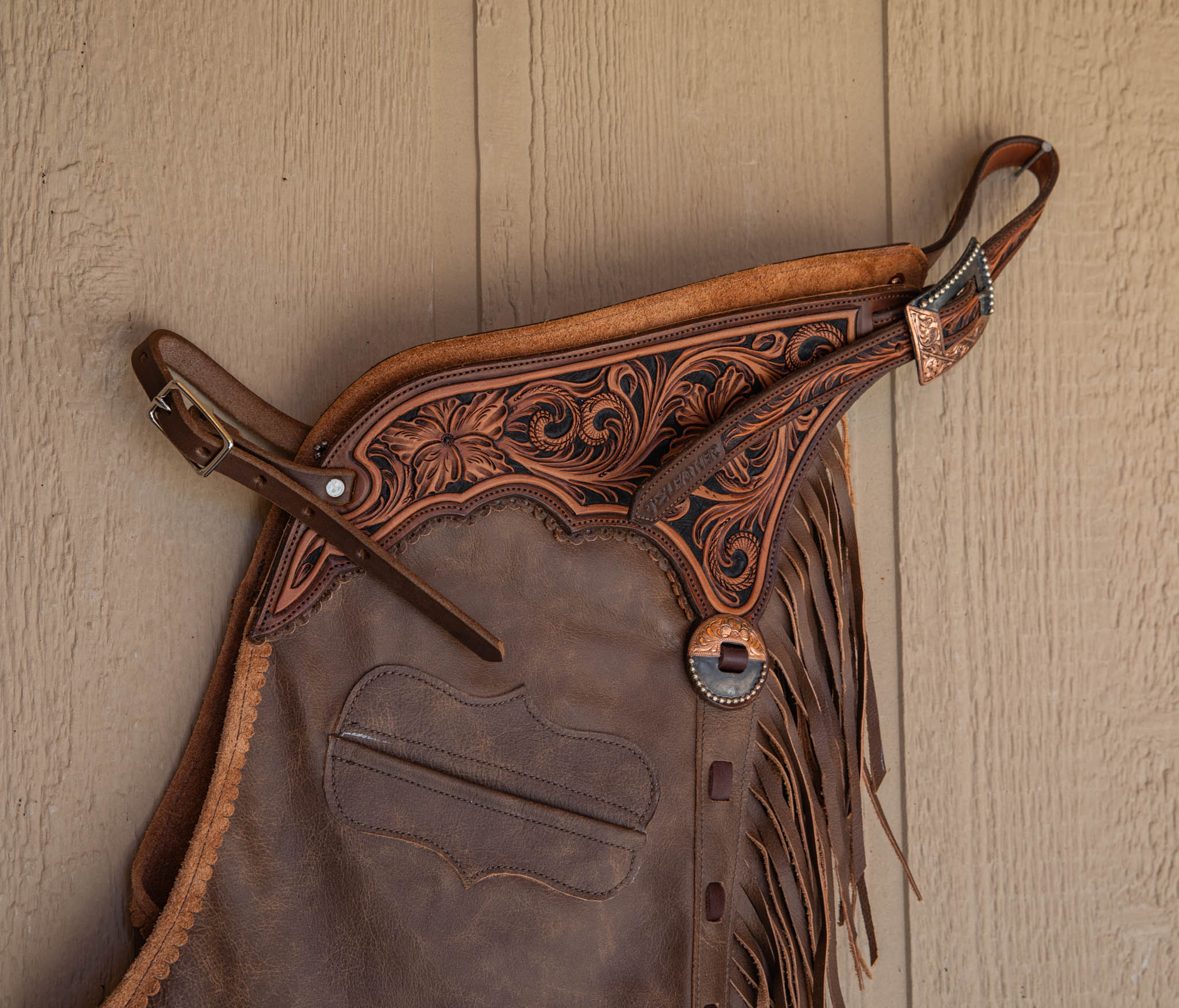 Rum Smooth-out Chaps w/ Black, Walnut & Light Brown Floral Yokes and Pocket